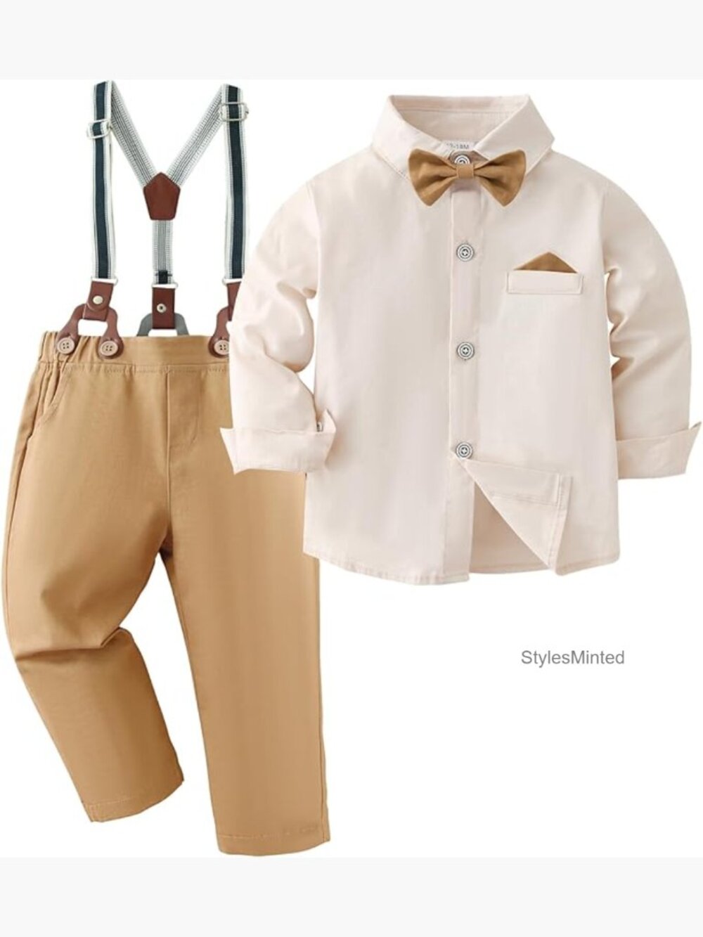 Boys Wedding Suit Set - Dress Shirt with Bowtie & Suspenders Pants, 6-10 Years